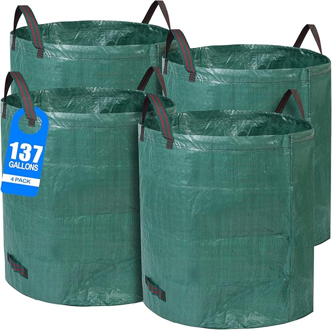 4 Pack 137 Gallons Reusable Yard Waste Bags with Double Bottom Layer Extra Large Leaf Lawn Bags Reusable Heavy Duty With 4 Reinforced Handles Garden waste Bags for Debris Grass Clipping