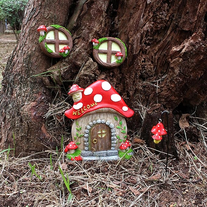 Fairy Door and Windows Garden Kit Accessories Outdoor, Glow in Dark Gnome House for Tree, Lawn Yard Art Sculpture, Miniature Garden Decor (Mushroom)