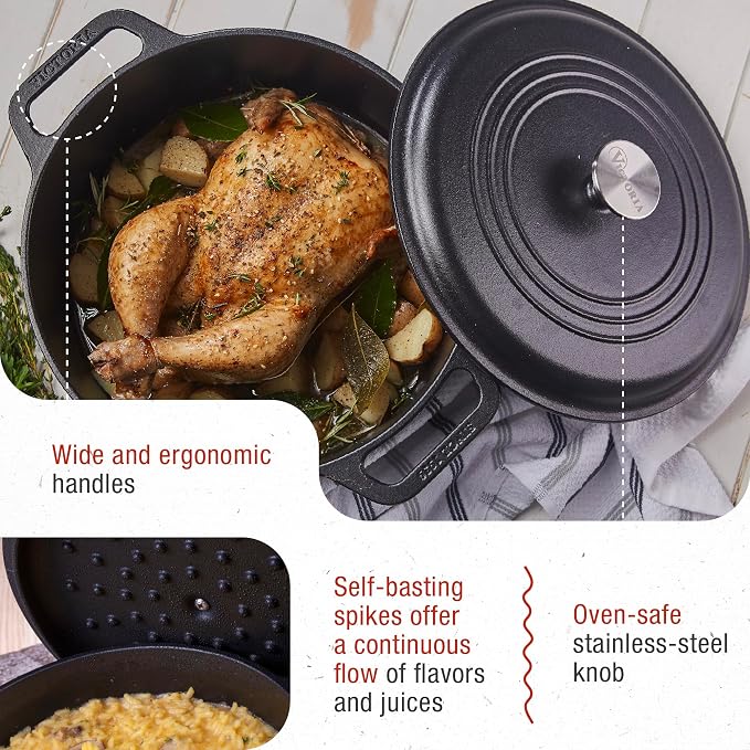 Victoria 6-Quart Cast Iron Dutch Oven with Lid and Dual Loop Handles, Seasoned with Flaxseed Oil, Made in Colombia,Black