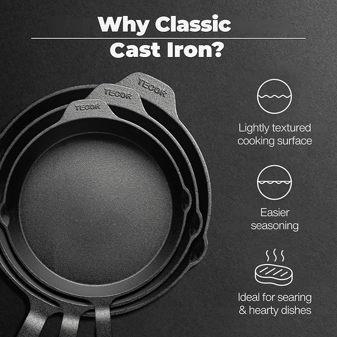 Classic Cast Iron Skillet 12 Inch | No PFAS I German-Engineered | Naturally Non-Stick Cast Iron Pan Set | Oven Safe Skillet | Cast Iron Cookware Set | 20-Year Refund I Steak Pan