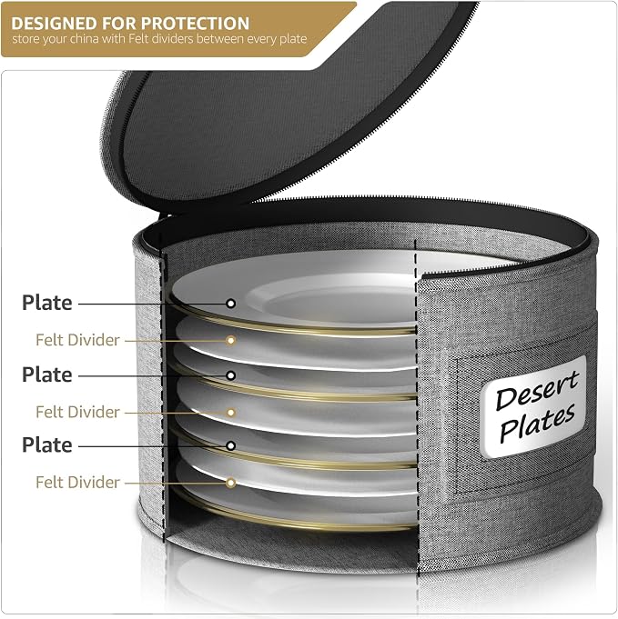 Sorbus China Storage Container – Dinnerware Organizer for Bowl Plate Storage with Lid (Holds Service for 12) with Felt Protectors – 9" x 6"