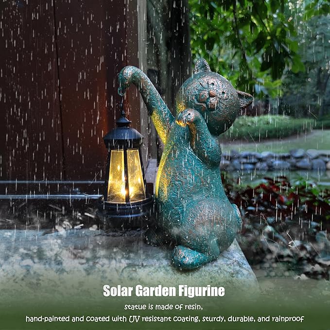 Cat Garden Statue Outdoor Décor with Solar Lights Lantern,Cat Solar Light Figurines Outside Decorations for Yard,Lawn Patio, Balcony, Unique Housewarming Gifts