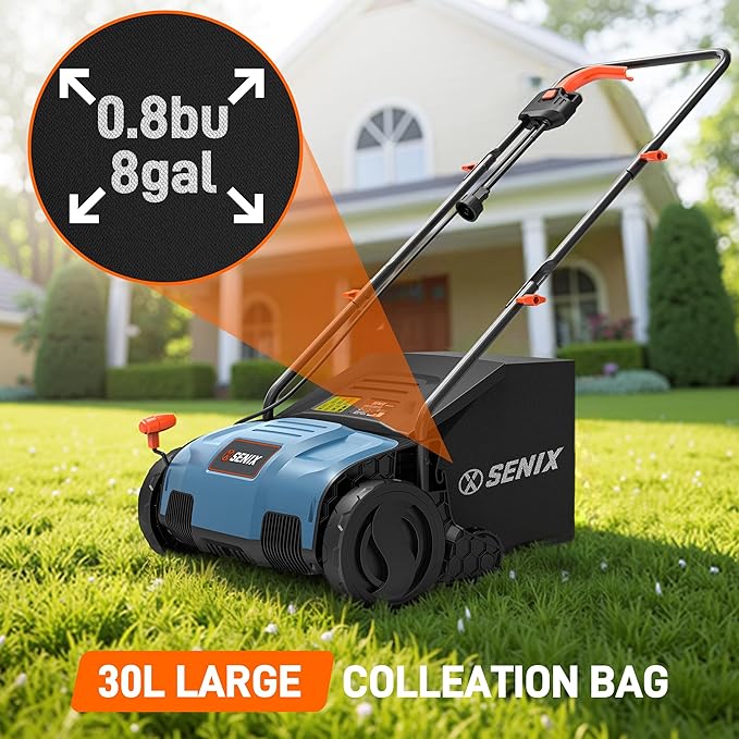 SENIX 12 Amp 13-Inch Corded Electric Dethatcher and Scarifier with Collection Bag,Lawn Care Equipment for Removing Thatch and Improving Yard Growth,Garden Tool Gifts(SCE12-L1)