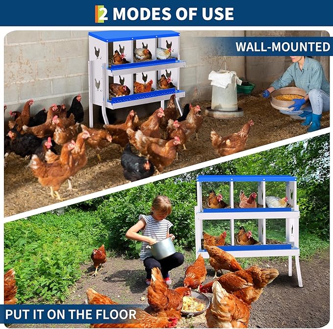 6 Compartment Chicken Nesting Box, Wall Mount Hen Laying Boxes with Legs & Removable Trays, 6-Hole Galvanized Steel Metal Hanging Poultry Nest for Backyard, Farms, and Chicken Coop, Egg Collection