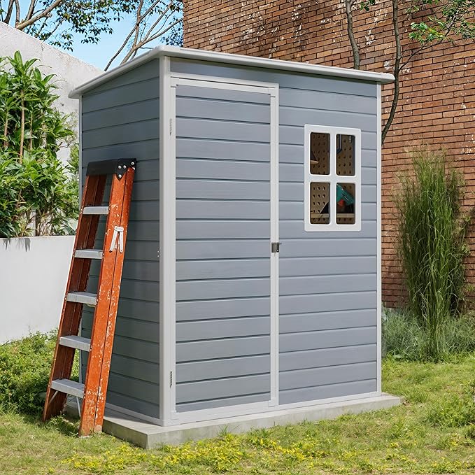 Gizoon 5x3 FT Outdoor Storage Shed with Lockable Door, Resin Weatherproof Plastic Garden Shed with Floor & Ventilation, Backyard Shed for Patio, Lawn Tools, Bike, and Toys