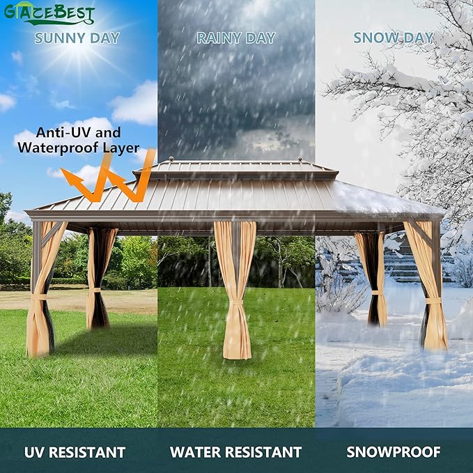 14' X 22' Hardtop Gazebo, Aluminum Wood-Looking Frame Outdoor Permanent Galvanized Steel Double Roof Pavilion Pergola Canopy with Privacy Curtains for Garden, Patio, Backyard, Deck and Lawns.
