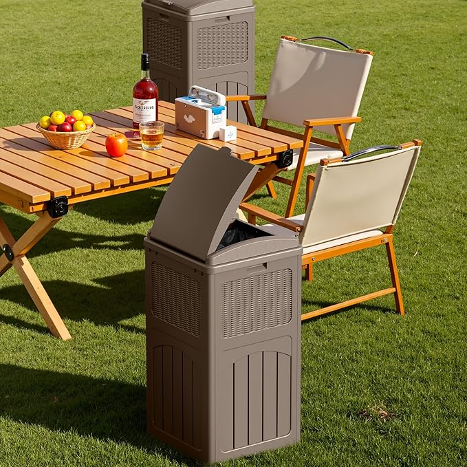 Devoko 33 Gallon Outdoor Trash Can with Dual Lid, Heavy Duty Waterproof Resin Garbage Bins Outside, Hideaway Waste Bins for Patio, Outside Pool, Backyard and Deck (2, Brown)