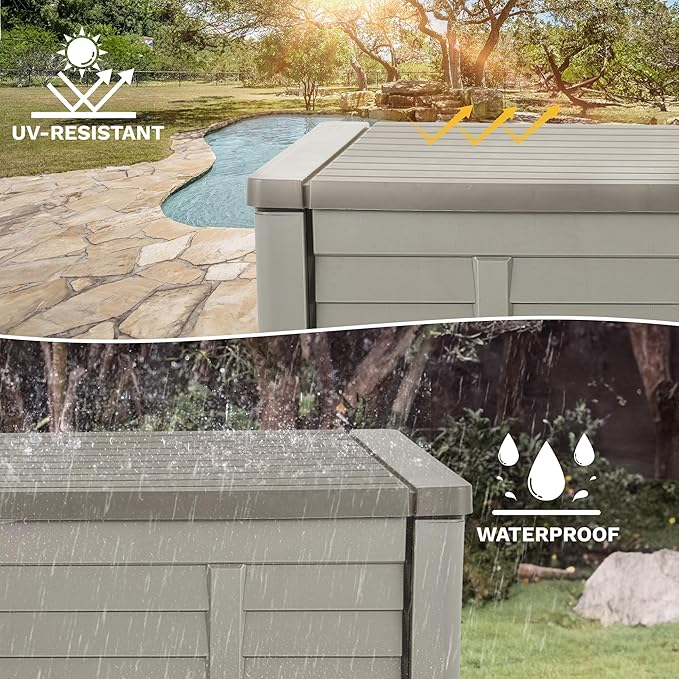 DWVO Large Deck Box 120 Gallon Waterproof Outdoor Storage Box, Extra Large Storage Bin, Resin Louvered Patio Storage for Pillows, Garden Tools & Pool Supplies, Lockable, Light Brown
