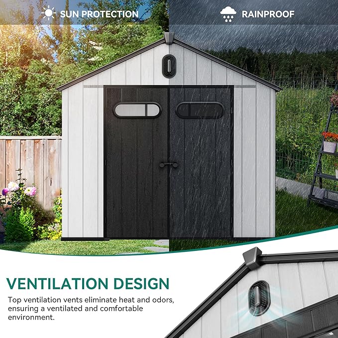 YITAHOME 8x10ft Resin Storage Structure, Outdoor 544 cuft Plastic Garden Storage Unit with Windows, Vents and Lockable Entrance, Waterproof Tool Organizer with Flooring for Lawn Equipment,Gray