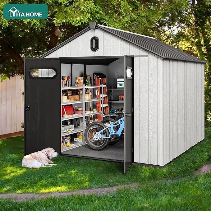 YITAHOME 8x10ft Resin Storage Structure, Outdoor 544 cuft Plastic Garden Storage Unit with Windows, Vents and Lockable Entrance, Waterproof Tool Organizer with Flooring for Lawn Equipment,Gray