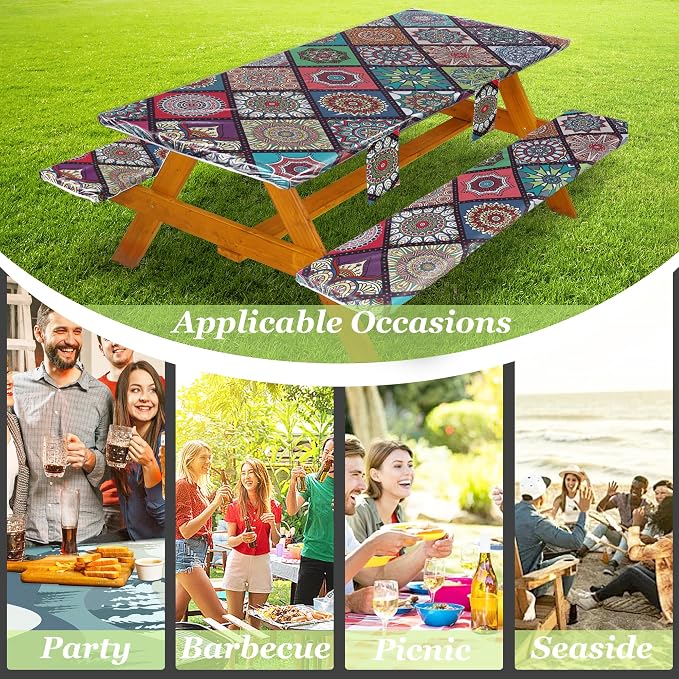 Fitted Picnic Table Cover with Bench Covers Waterproof Elastic Edges Rectangle Patio Tablecloth Outdoor Camping Essentials Stuff Rv Accessories Summer Trip Travel Camper Gifts for Woman Men, 96in 8 ft