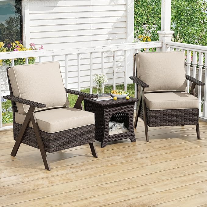 Patio Porch Furniture Chairs Set, 3 Pieces PE Rattan Wicker Chairs with Side Table, Outdoor Garden Furniture Sets for Garden Backyard Porch Poolside