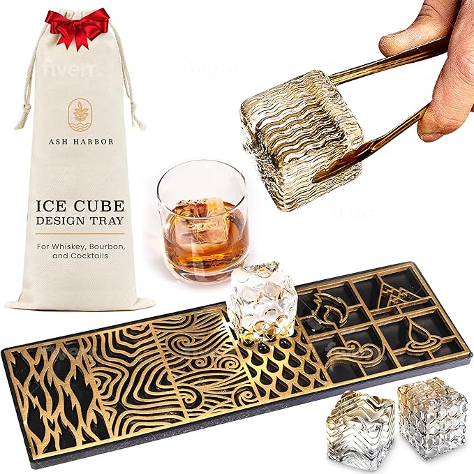 Clear Ice Cube Maker Design Tray - Craft Modern Ice Molds for Bourbon & Cocktails in 5 Seconds - Whiskey Mold Cube Stamp – Bartender Accessories - Copper Ice Press Cocktails by Ash Harbor (Elements)