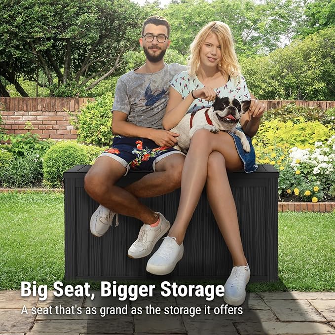 Mars Villa 150 Gallon Outdoor Storage Box, Large Resin Deck Box Waterproof, for Pool Supplies Storage, Outdoor Patio Furniture Cushions, with Hydraulic Hinge, UV-Resistant and Weatherproof, Black