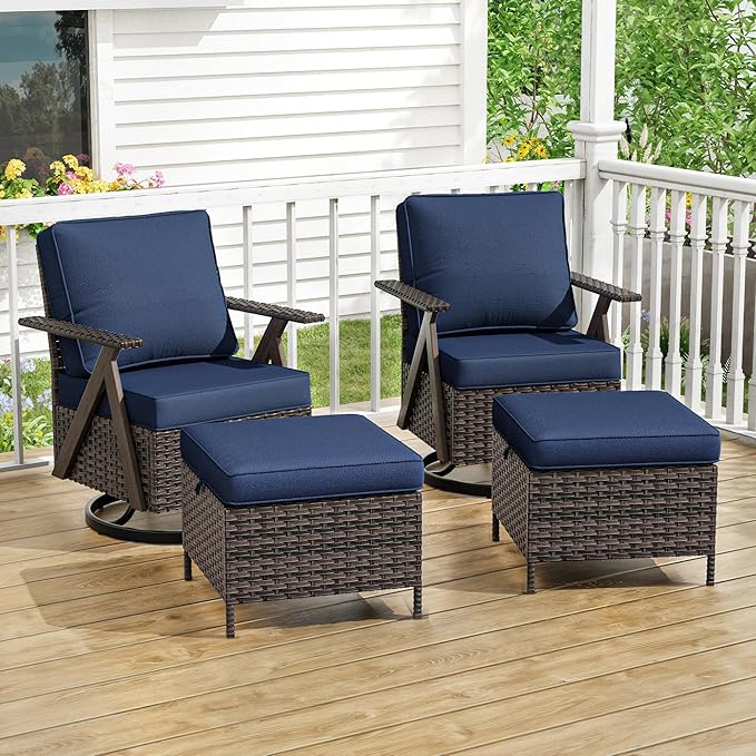 Outdoor Swivel Rocker Chairs Set of 4, Wicker Swivel Patio Chair with Ottomans, Patio Furniture Set for Outside Backyard