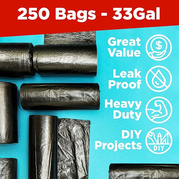 ToughBag 30-33 Gallon Trash Bags Heavy Duty, 32 x 38" Black Garbage Bags (250 COUNT) – 30+, 32 Gallon Trash Bags - Made In USA