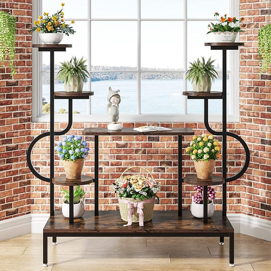 Tribesigns 8-Tier Metal Plant Stand, Large Tall Plant Shelf for Multiple Plants, Round & Square Boards, Wood Indoor Ladder Holder Flower Rack for Living Room, Patio, Balcony (Rustic Brown & Black)