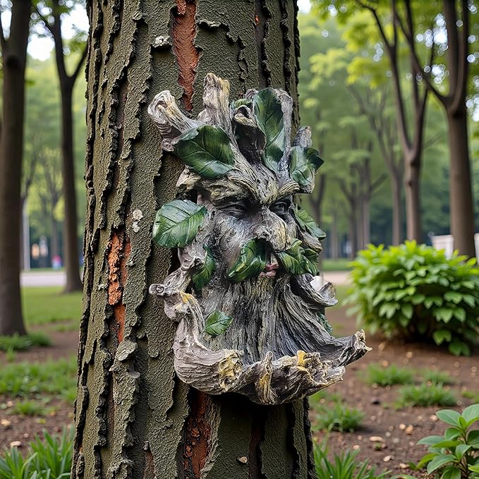 Whimsical Tree Face Garden Decoration ,Tree Faces Decor Outdoor Wallmounted Statue Art with Leaf Features, Outdoor Decor Garden Accessory (Home Decor)