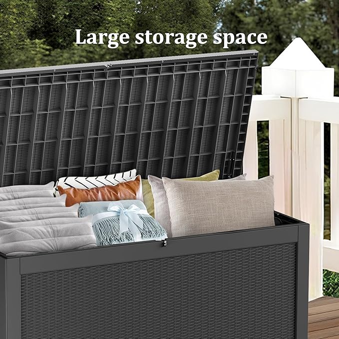 320 Gallon Waterproof Black Deck Box, Lockable Resin Storage Box for Patio Furniture Cushions Garden Tools and Outdoor Delivery Storage