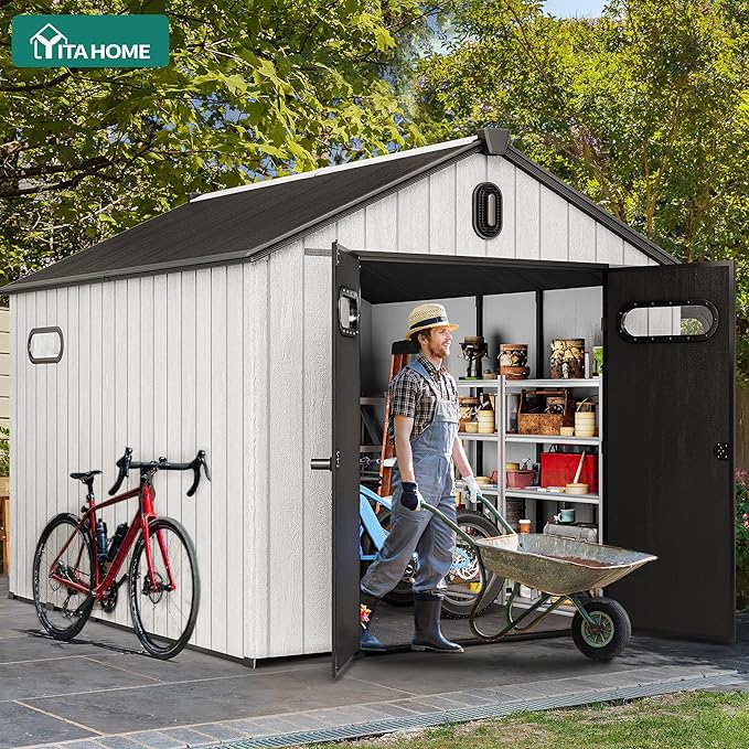 YITAHOME 8x10ft Resin Storage Structure, Outdoor 544 cuft Plastic Garden Storage Unit with Windows, Vents and Lockable Entrance, Waterproof Tool Organizer with Flooring for Lawn Equipment,Gray