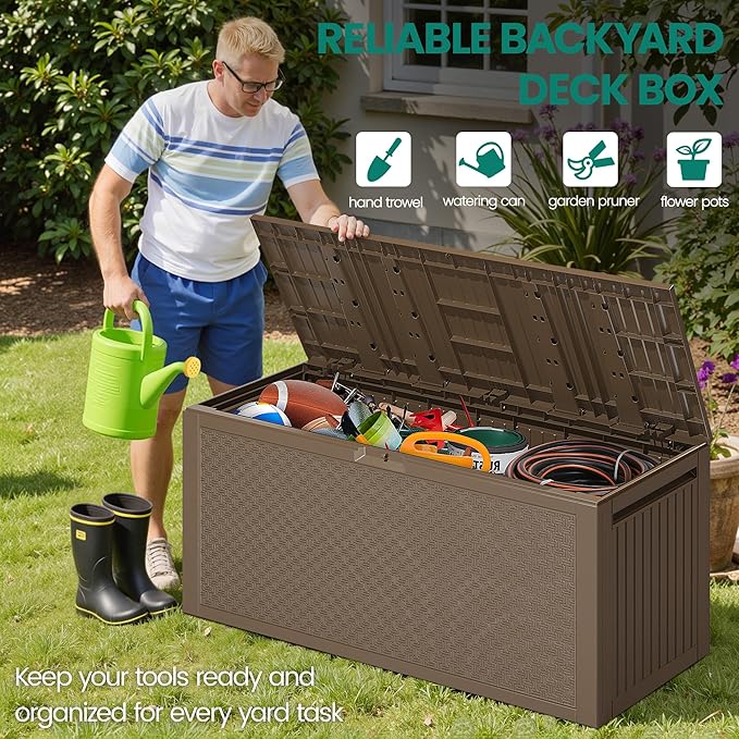 90 Gallon Outdoor Deck Box, Waterproof Outdoor Storage Box, Durable Resin Bin for Patio Cushions, Garden Tools and Pool Accessories, Lockable with UV Protection, Brown, Patio Furniture
