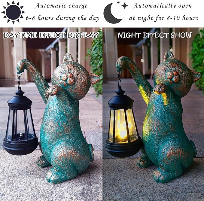Cat Garden Statue Outdoor Décor with Solar Lights Lantern,Cat Solar Light Figurines Outside Decorations for Yard,Lawn Patio, Balcony, Unique Housewarming Gifts