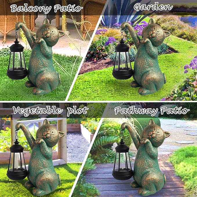 Cat Garden Statue Outdoor Décor with Solar Lights Lantern,Cat Solar Light Figurines Outside Decorations for Yard,Lawn Patio, Balcony, Unique Housewarming Gifts