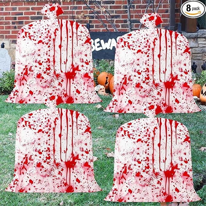 CNhoqc Halloween Lawn Leaf Bags - 8Pcs Halloween Bloody-Themed Thick Plastic Garbage Bags with Twist Ties, Fall Yard Leaf Trash Equiement, Reusable Plastic for Garden Outdoor Decorations Party Favor