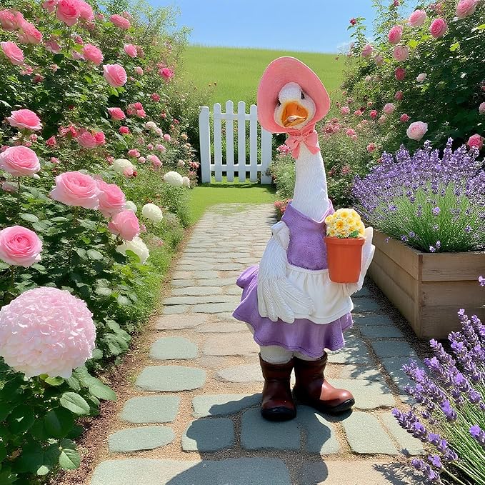 iRonrain Garden Statues Gardener Couple Duck, Indoor Ourdoor Decorations Cute Ducks Art Décor Figurine Ornament for Yard Home Garden Patio and Office (Femal)