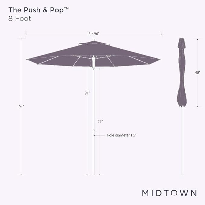 Midtown Umbrellas Push Pop Sunbrella Umbrella 8 Feet Outdoor Umbrella in Red Acrylic Fabric - Patio Umbrella, Backyard Umbrella, Garden Umbrella, Picnic Table Umbrella & Pool Umbrella - Black Pole