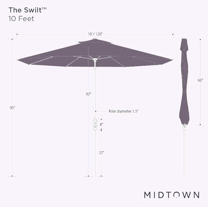 Midtown Umbrellas The Swilt 10 Feet Patio Umbrella in Sunbrella Canvas Teal Acrylic Fabric - Fiberglass Ribs, Auto-Tilt Aluminum Frame For Backyard, Deck, Garden, Pool - White Pole