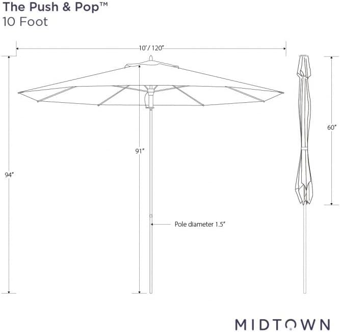Midtown Umbrellas Push and Pop 10 Feet Outdoor Umbrella, Navy Stripes Polyester Fabric - Fiberglass Ribs Deck Patio Umbrella, Backyard Umbrella, Garden Umbrella & Pool Umbrella - Black Pole