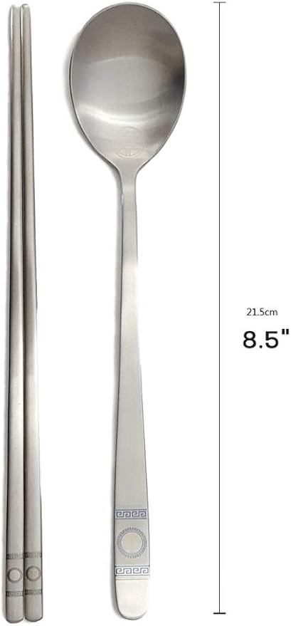 [5 Sets] [Made in Korea] Korean Sticky Rice Spoon Chopsticks Set Gold Titanium Plating 304 Stainless Steel Tableware Cutlery Set Mukbang Chopsticks (Willow Tree, 5 Sets)