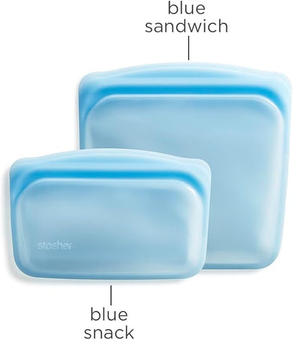 Stasher Premium Reusable Silicone Food Storage Bags, 2-Pack, Blue | Food-Safe Silicone, BPA-Free, Leak-Free, Eco-Friendly, Dishwasher, Lunch Bag, Travel Containers, Meal Prep, Lunch, Travel