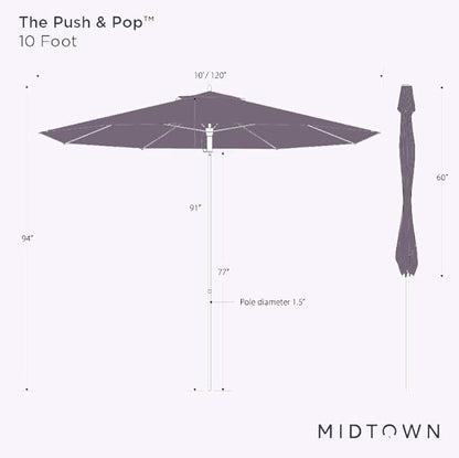 Midtown Umbrellas Push and Pop 10 Feet Outdoor Umbrella, Purple Polyester Fabric - Fiberglass Ribs Deck Patio Umbrella, Backyard Umbrella, Garden Umbrella & Pool Umbrella - Black Pole