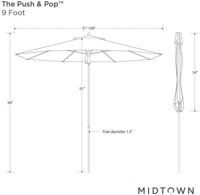 Midtown Umbrellas Push and Pop 9 Feet Outdoor Umbrella, Black/White Stripes Polyester Fabric - Fiberglass Ribs Deck Patio Umbrella, Backyard Umbrella, Garden Umbrella & Pool Umbrella - Black Pole