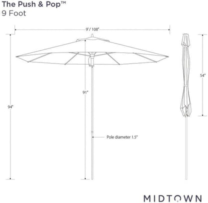 Midtown Umbrellas Push and Pop 9 Feet Outdoor Umbrella, Black/White Stripes Polyester Fabric - Fiberglass Ribs Deck Patio Umbrella, Backyard Umbrella, Garden Umbrella & Pool Umbrella - Black Pole