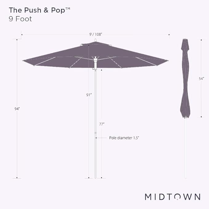 Midtown Umbrellas Push and Pop 9 Feet Outdoor Umbrella, Midtown Purple Polyester Fabric - Fiberglass Ribs Deck Patio Umbrella, Backyard Umbrella, Garden Umbrella & Pool Umbrella - Black Pole