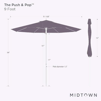 Midtown Umbrellas Push and Pop 9 Feet Outdoor Umbrella, Pear Stripes Polyester Fabric - Fiberglass Ribs Deck Patio Umbrella, Backyard Umbrella, Garden Umbrella & Pool Umbrella - Black Pole