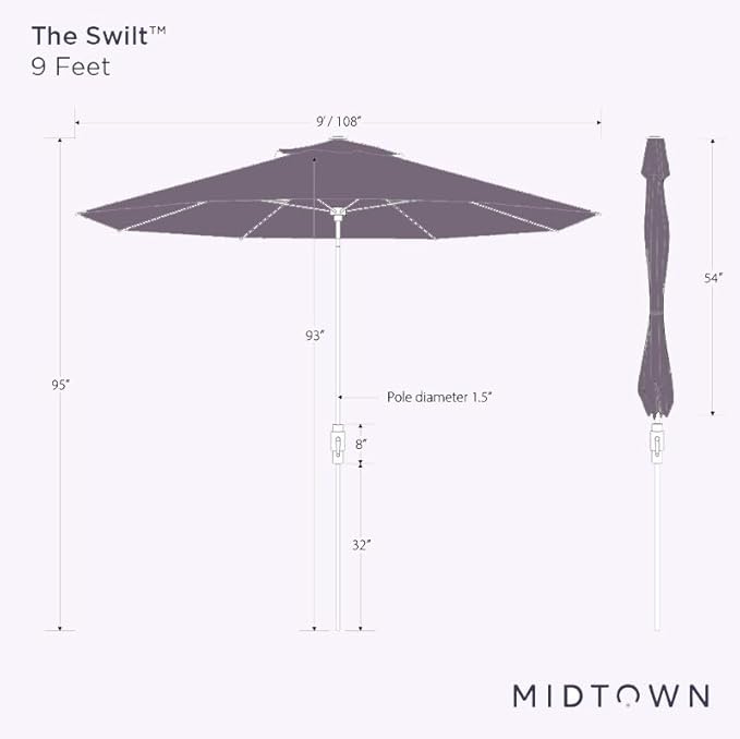 Midtown Umbrellas The Swilt 9 Feet Patio Umbrella in Sunbrella Spectrum Carbon Acrylic Fabric - Fiberglass Ribs, Auto-Tilt Aluminum Frame For Backyard, Deck, Garden, Pool - White Pole