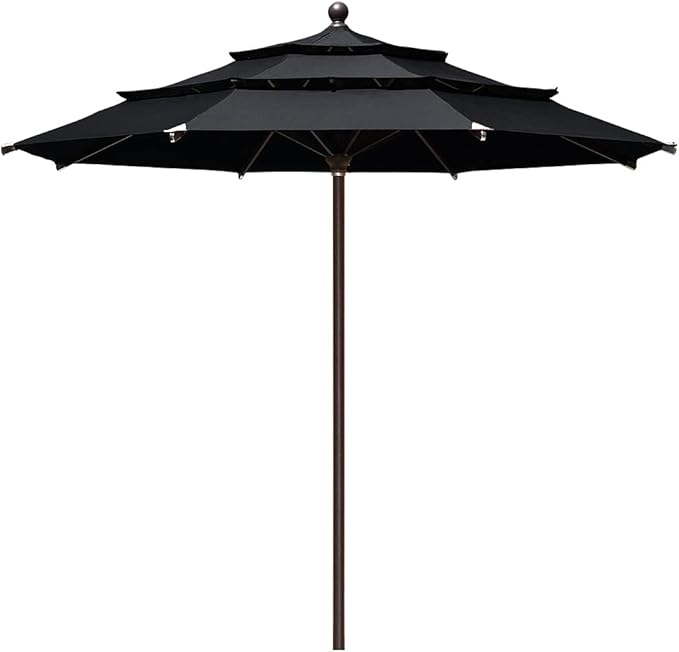 EliteShade USA 10-Year-Non-Fading 11Ft 3 Tiers Market Umbrella Patio Outdoor Cylinder Auto Push-up Table Umbrella with Ventilation, Black