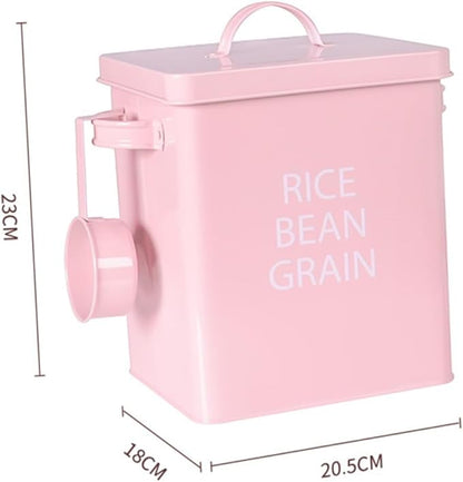 Pink Pet Food Storage Barrel Airtight Metal Container with Spoon for Dog and Cat Food Moisture- Durable Design for Grain Storage