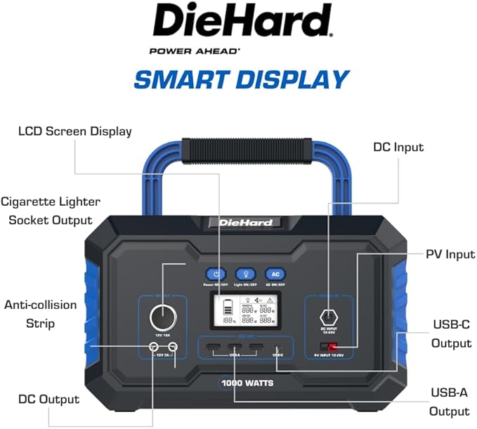DieHard Portable Power Station 1000-Watt (2000-Watt Peak) - Quiet, Lightweight Solution for Home Backup, Weather Emergencies, Outdoor Recreation, Jobsite