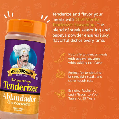 Chef Merito Seasoned Tenderizer 14 oz | Perfect for Beef, Pork & Poultry | Tenderizes & Enhances Flavor | Authentic Latin Flavor Since 1985 (Pack of 2)