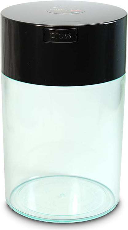 COFFEEVAC 1 LB Airtight Coffee Bean Storage Container, Patented Vacuum Seal, Coffee Grounds Container, 1.85L, Smell Proof, Black Cap and Clear Body