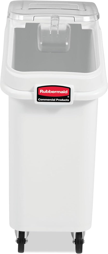Rubbermaid Commercial Products ProSave Shelf-Storage Ingredient Bin With Scoop 400-Cup Capacity Plastic White Sliding Lid Container with Wheels for Kitchen/Restaurant/Food Organization