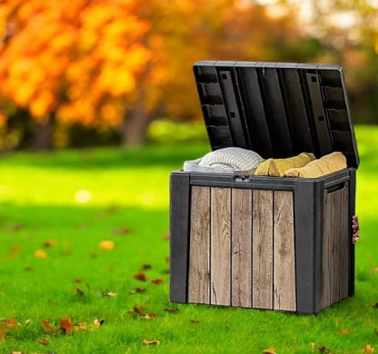 Outdoor Storage Box, Wood-Look Resin Deck Container, Indoor/Outdoor Storage, Ash Wood Brown (30 Gallon)
