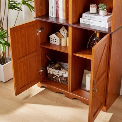 Storage Cabinet with Adjustable Shelves | Open Display Cubbies & Closed Barn Door Storage 3D Wood Grain Finish MDF Bookcase for Bedroom Living Room Office