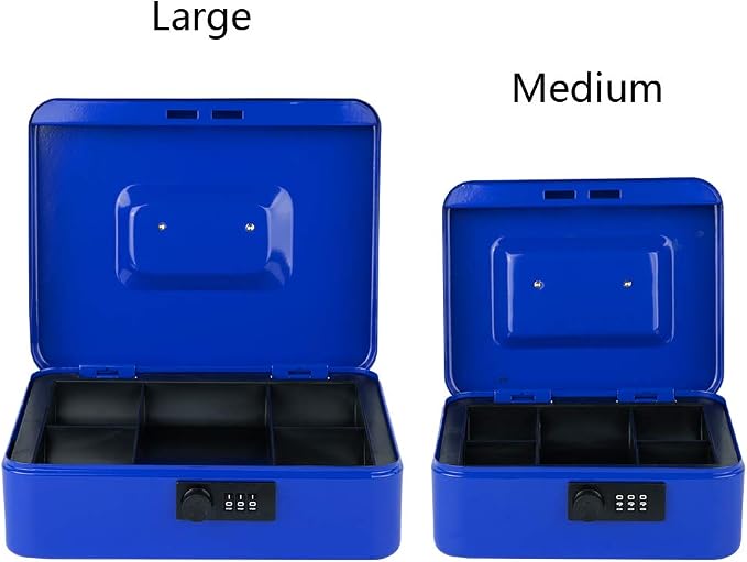 KYODOLED Cash Box with Combination Lock,Safe Metal Box for Money,Storage Lock Box with Money Tray,7.87"x 6.30"x 3.54" Blue Medium