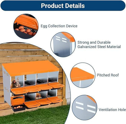 [8-Pack] Chicken Nesting Boxes for Hens - Galvanized Steel Wall Mount or Freestanding Chicken Nest, Removable Plastic Egg Tray & Ventilation Holes - Poultry Nesting Boxes for Egg Laying (Orange)
